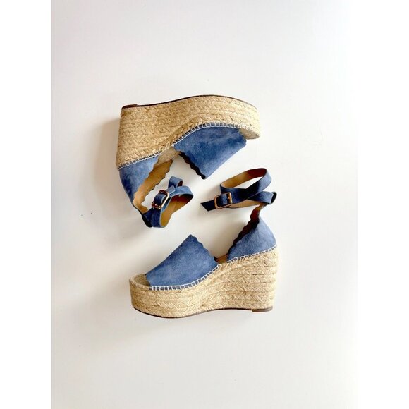 CHLOE Lauren Blue Scalloped Suede Leather Platform Espadrilles Wedges, Size 41 - Picture 1 of 14